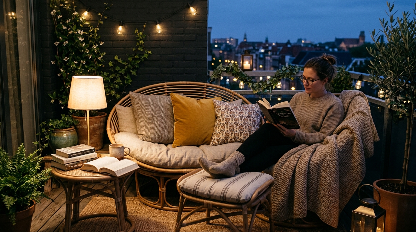 A cozy reading nook on a balcony featuring a high-back rattan chair, a soft outdoor throw, and a dimmable warm light source. A cozy reading nook on a balcony featuring a high-back rattan chair, a soft outdoor throw, and a dimmable warm light source.