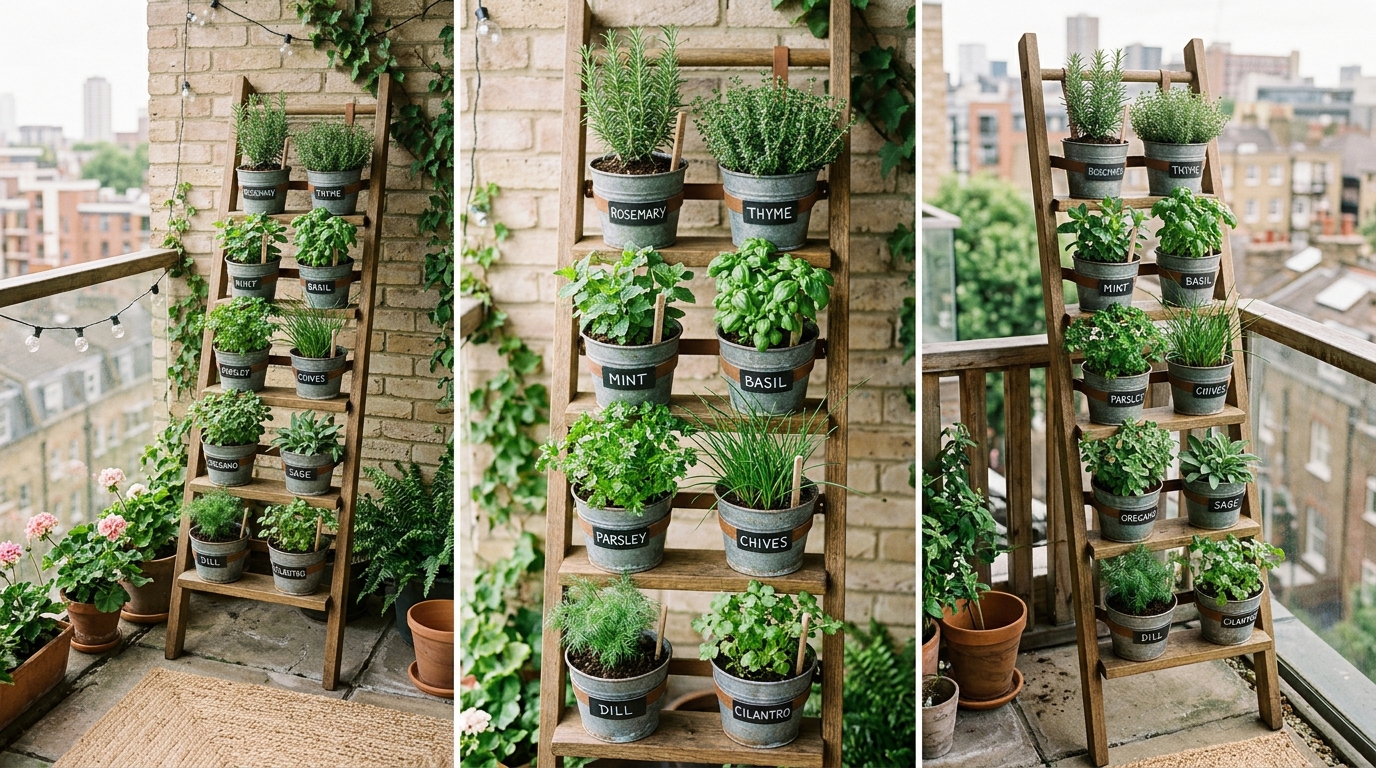 A collection of aromatic herbs in zinc containers arranged on a vertical ladder shelf for an ergonomic small balcony garden. A collection of aromatic herbs in zinc containers arranged on a vertical ladder shelf for an ergonomic small balcony garden.