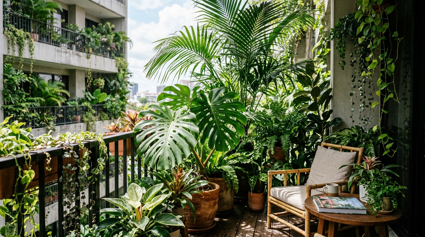 Lush tropical plants including Monstera and Palms creating a private jungle aesthetic on a mid-sized apartment balcony. Lush tropical plants including Monstera and Palms creating a private jungle aesthetic on a mid-sized apartment balcony.