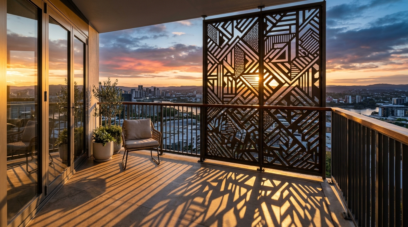 Geometric metal privacy screens casting intricate patterns on a balcony floor during a golden hour sunset. Geometric metal privacy screens casting intricate patterns on a balcony floor during a golden hour sunset.