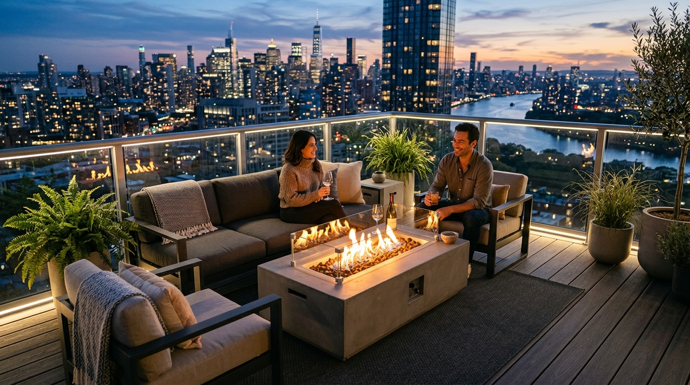A modern outdoor fire table centered on a small balcony with fire-rated clearances and plush upholstered seating. A modern outdoor fire table centered on a small balcony with fire-rated clearances and plush upholstered seating.