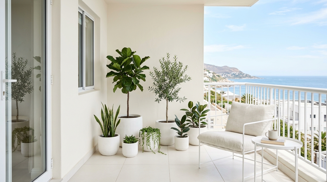 Minimalist white-on-white balcony design using Benjamin Moore Swiss Coffee paint and white ceramic planters. Minimalist white-on-white balcony design using Benjamin Moore Swiss Coffee paint and white ceramic planters.