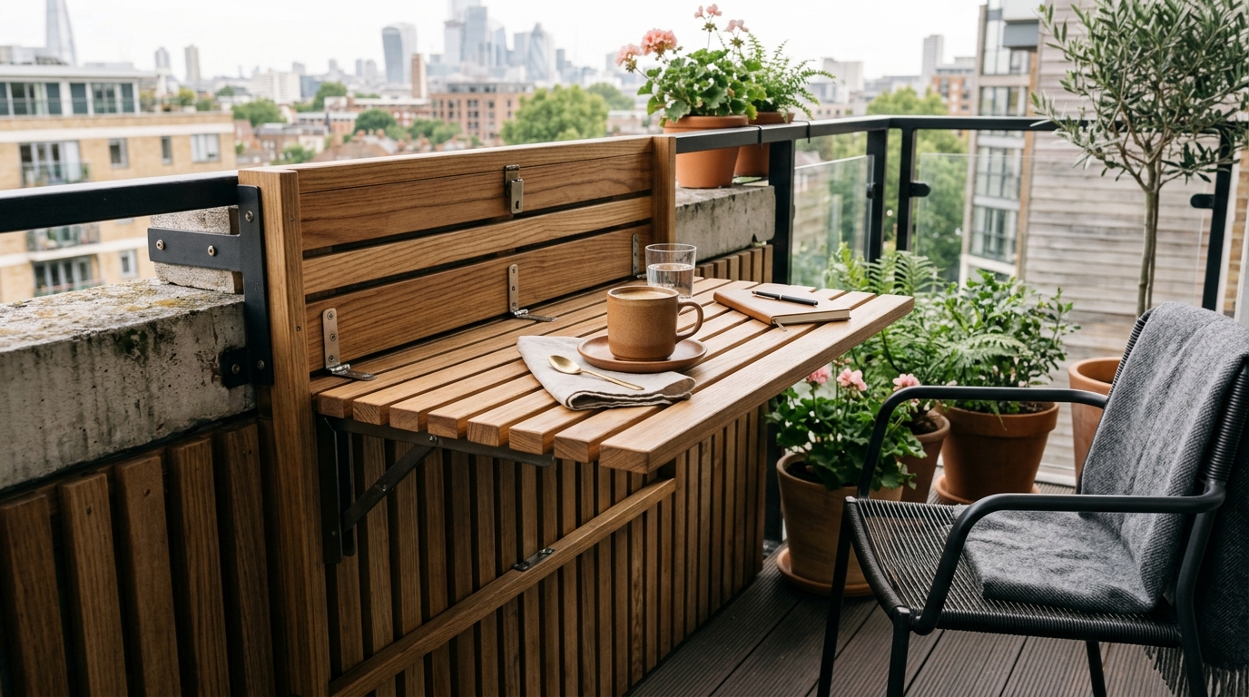 Small balcony dining area with a fold-down wall-mounted table to maximize 36-inch circulation space. Small balcony dining area with a fold-down wall-mounted table to maximize 36-inch circulation space.