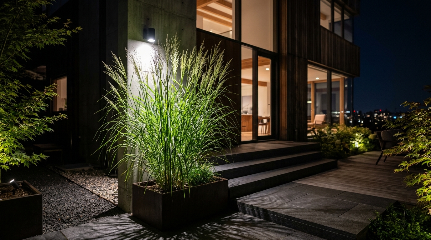 Close-up of a high-CRI outdoor spotlight highlighting the intricate leaf structure of a Japanese Forest Grass. Close-up of a high-CRI outdoor spotlight highlighting the intricate leaf structure of a Japanese Forest Grass.