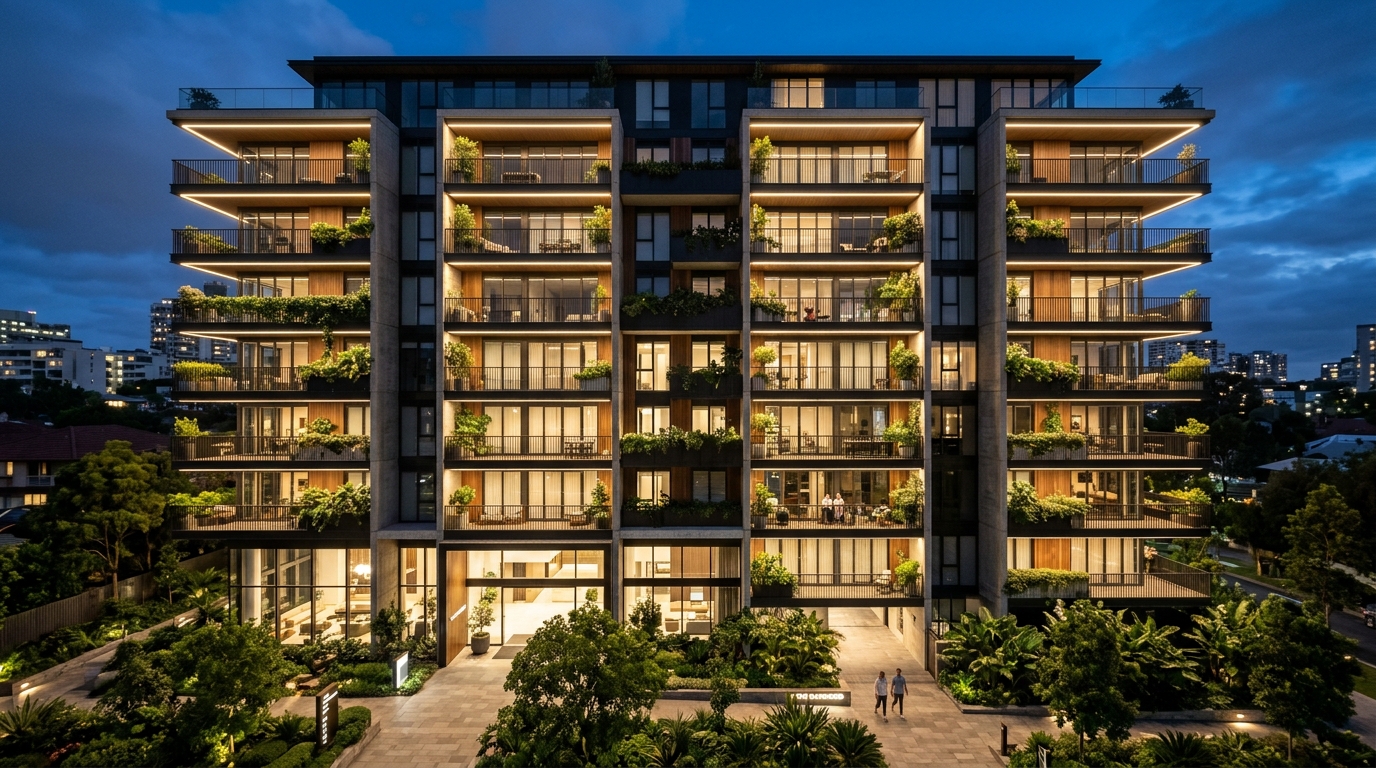 Panoramic view of a series of balconies on a modern architectural building, each uniquely styled with organic textures and warm light. Panoramic view of a series of balconies on a modern architectural building, each uniquely styled with organic textures and warm light.