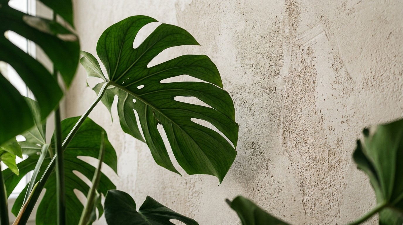 Macro detail of a matte limewash wall texture contrasted with the deep green waxy leaves of a Strelitzia in a contemporary outdoor plants for patio setting. Macro detail of a matte limewash wall texture contrasted with the deep green waxy leaves of a Strelitzia in a contemporary outdoor plants for patio setting.