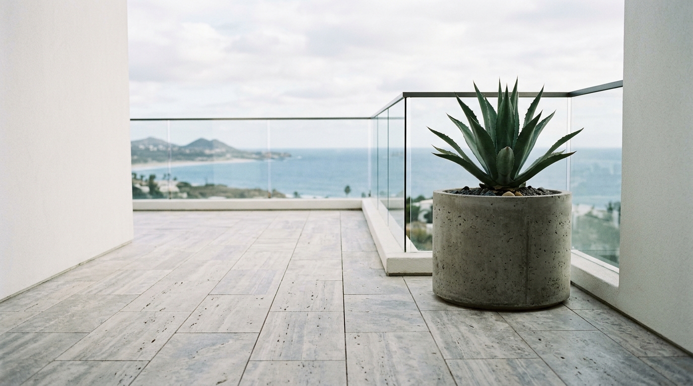 Minimalist balcony design with honed silver travertine pavers and a single architectural Olive tree, emphasizing luxury small apartment balcony ideas textures. Minimalist balcony design with honed silver travertine pavers and a single architectural Olive tree, emphasizing luxury small apartment balcony ideas textures.