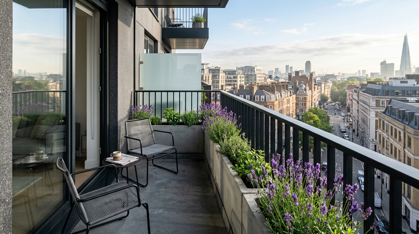 Sleek modern balcony featuring black powder-coated railings and a curated row of lavender in concrete troughs, showcasing modern small apartment balcony ideas ideas. Sleek modern balcony featuring black powder-coated railings and a curated row of lavender in concrete troughs, showcasing modern small apartment balcony ideas ideas.