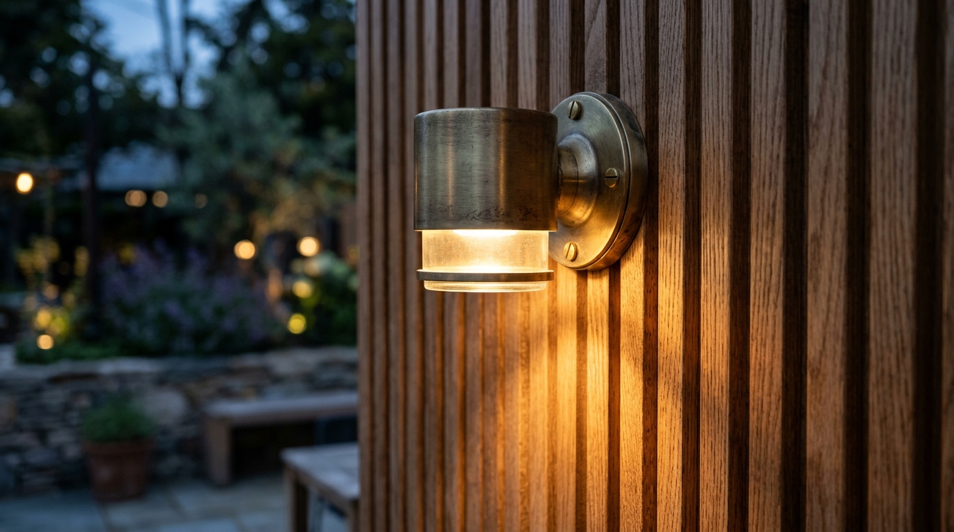 Close-up of brushed brass outdoor sconces casting a soft glow over a fluted oak wall panel on a boutique city balcony. Close-up of brushed brass outdoor sconces casting a soft glow over a fluted oak wall panel on a boutique city balcony.