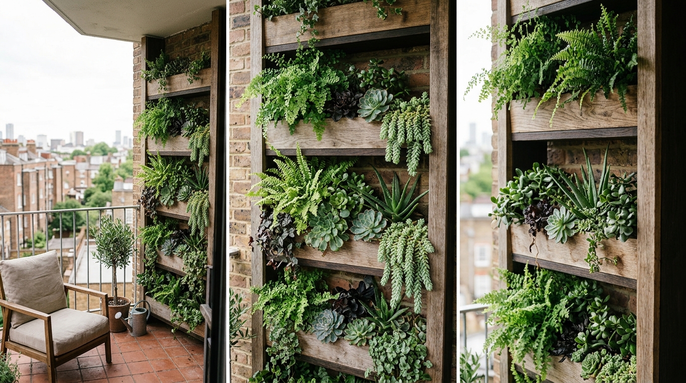 Vertical garden installation on a small apartment balcony featuring a variety of ferns and mosses for a lush, space-saving greenery solution. Vertical garden installation on a small apartment balcony featuring a variety of ferns and mosses for a lush, space-saving greenery solution.