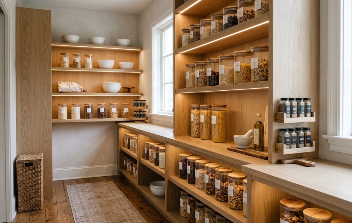 A hero shot of a luxury pantry with white oak shelving, warm 2700K integrated lighting, and minimalist glass jars on honed stone counters.