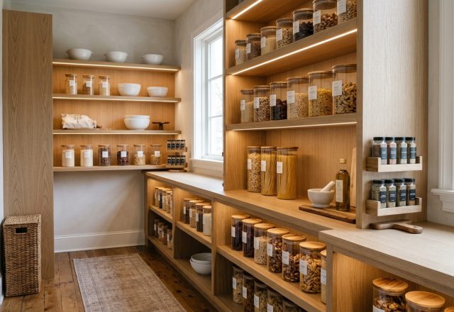 A hero shot of a luxury pantry with white oak shelving, warm 2700K integrated lighting, and minimalist glass jars on honed stone counters.