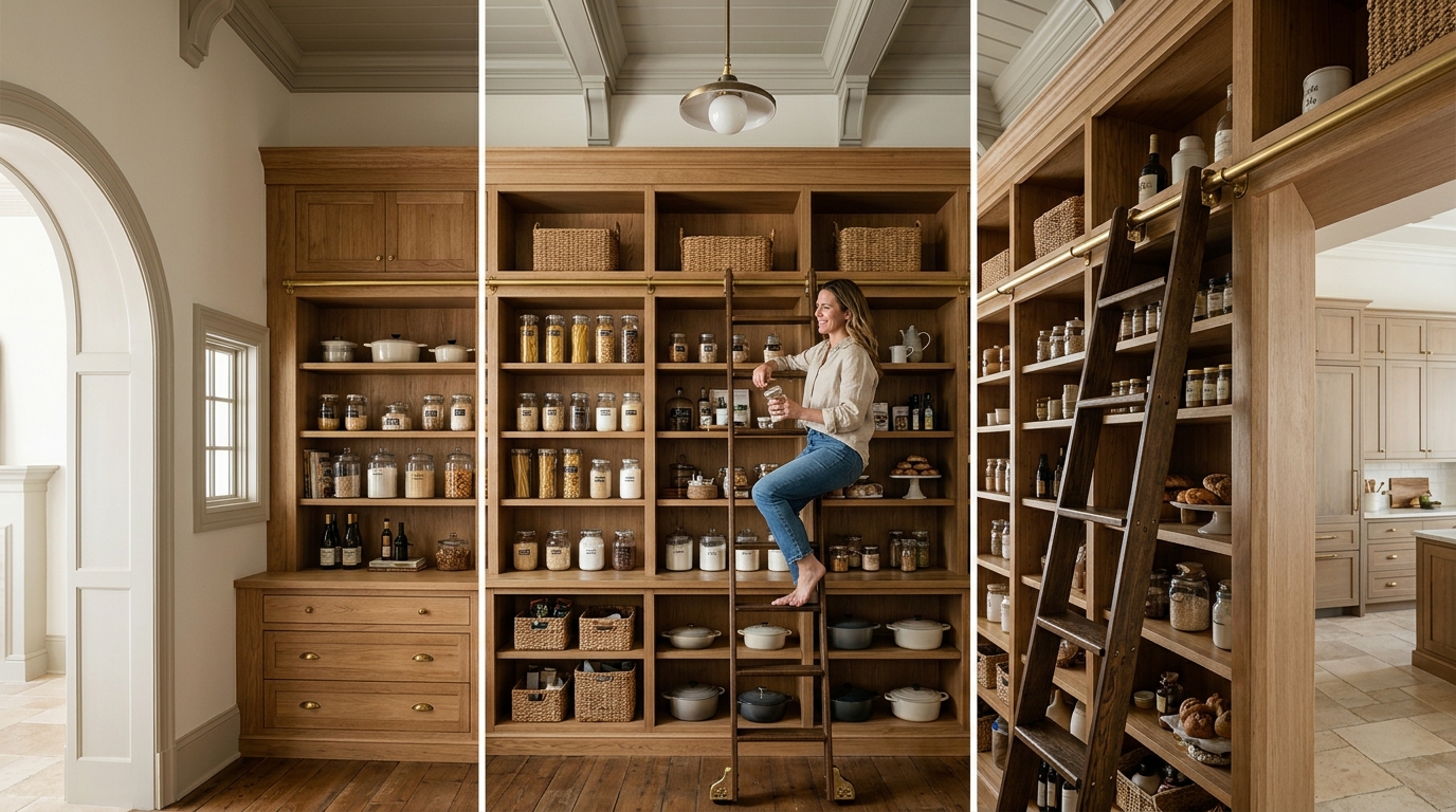 A library ladder leaning against tall pantry shelving in a high-ceiling architectural kitchen.