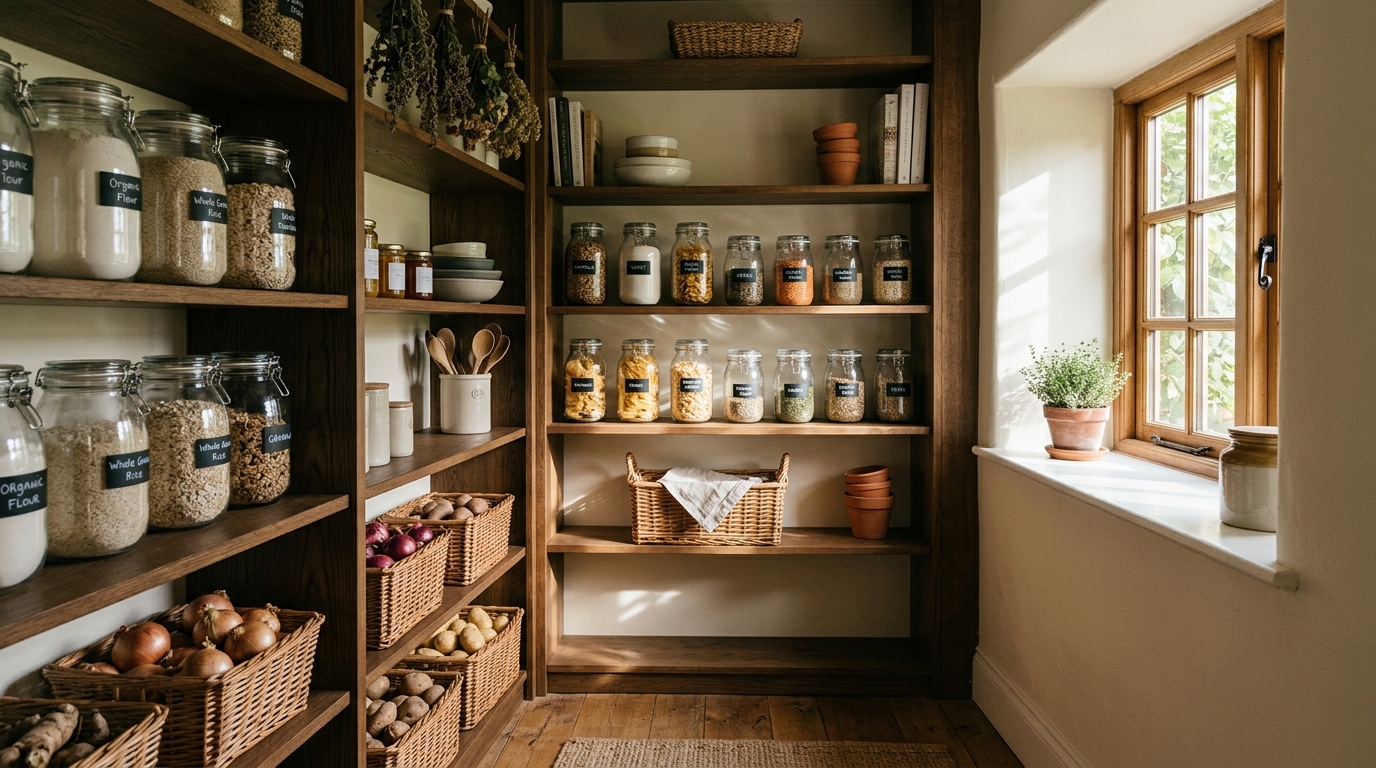 Natural morning light filtering through a frosted pantry window onto organized dry goods.