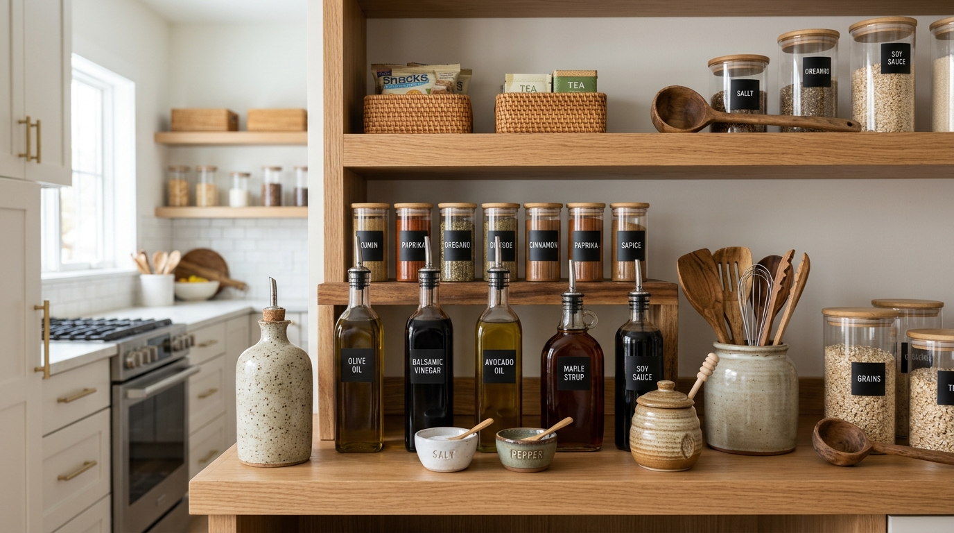 Pantry organization featuring tiered shelving for visibility and uniform spice jar sets.