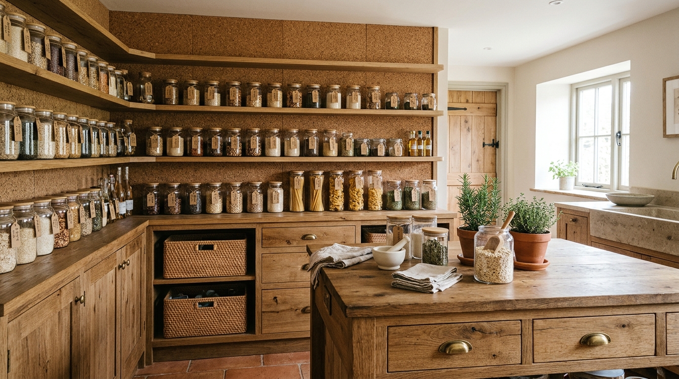 Sustainable pantry design with cork flooring and recycled glass storage containers.