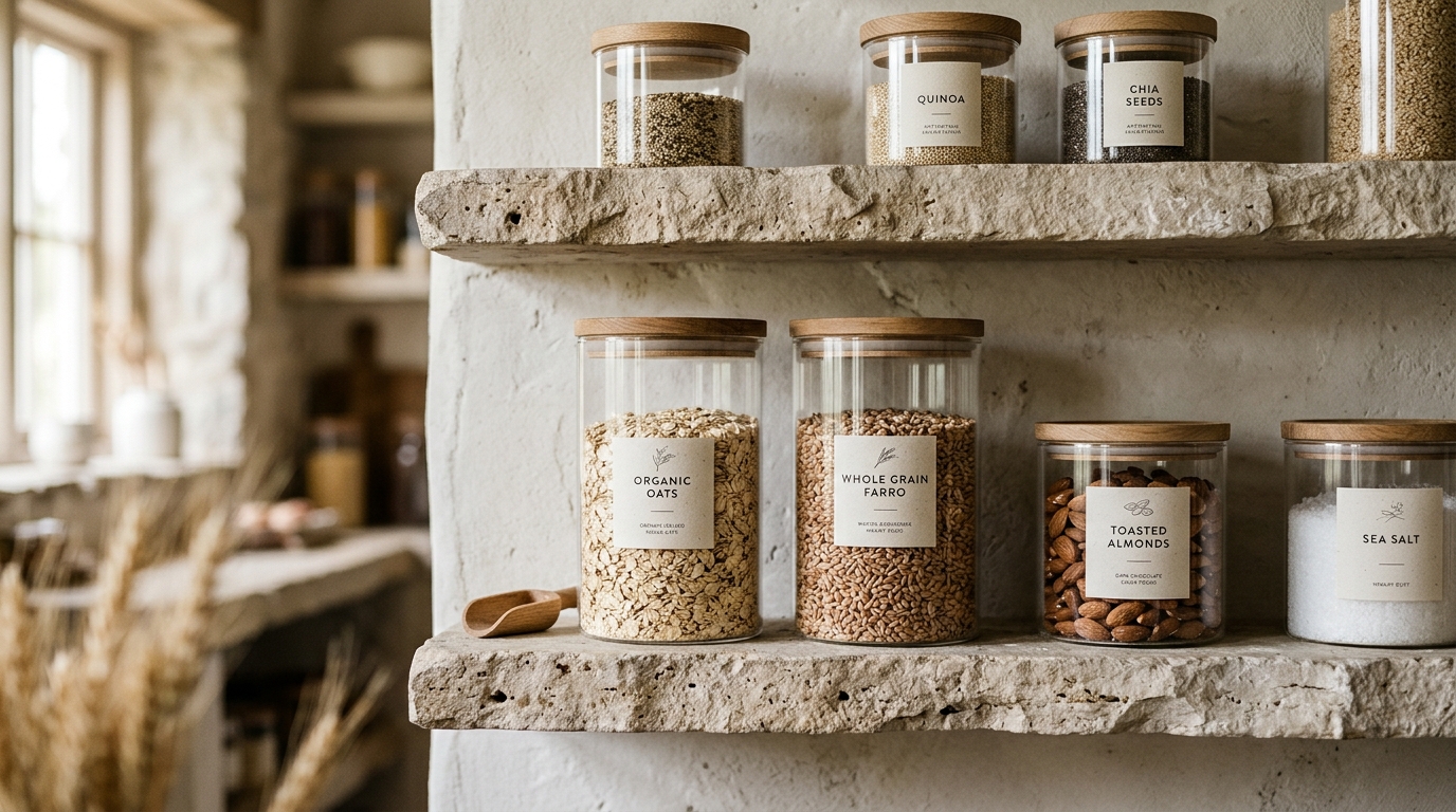Minimalist labels on glass jars arranged by color and texture on a limestone shelf.