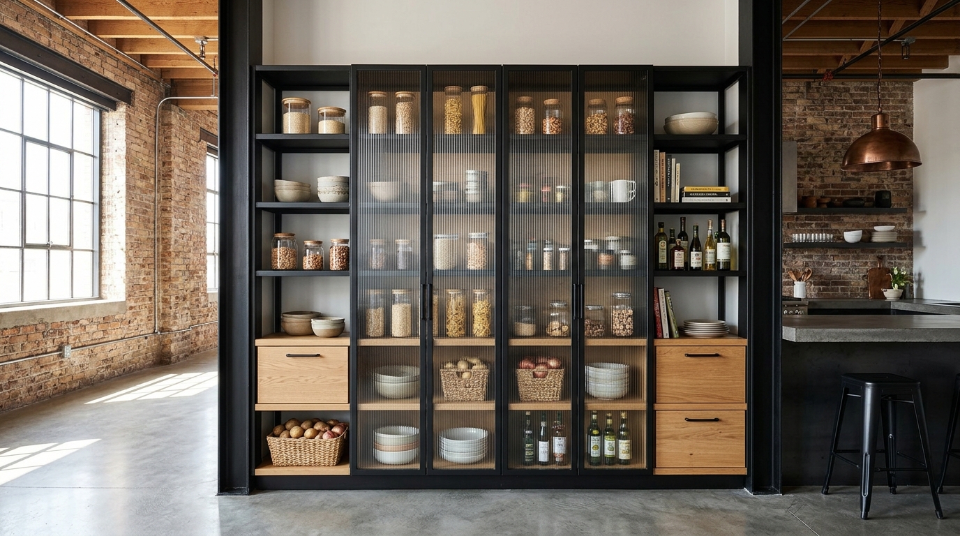 Contemporary pantry featuring black metal frames and fluted glass cabinet doors.