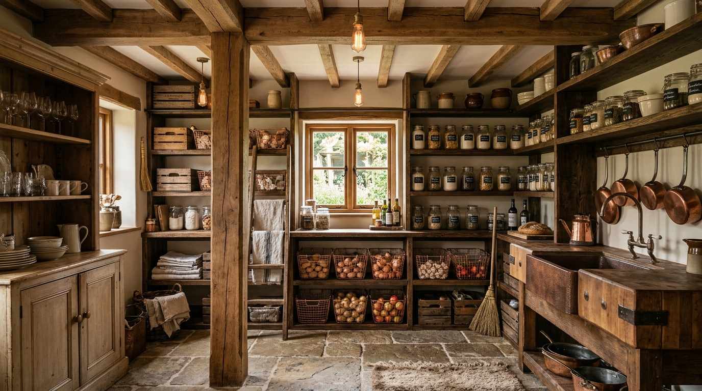 Rustic pantry with reclaimed wood shelves and antique brass wire baskets.