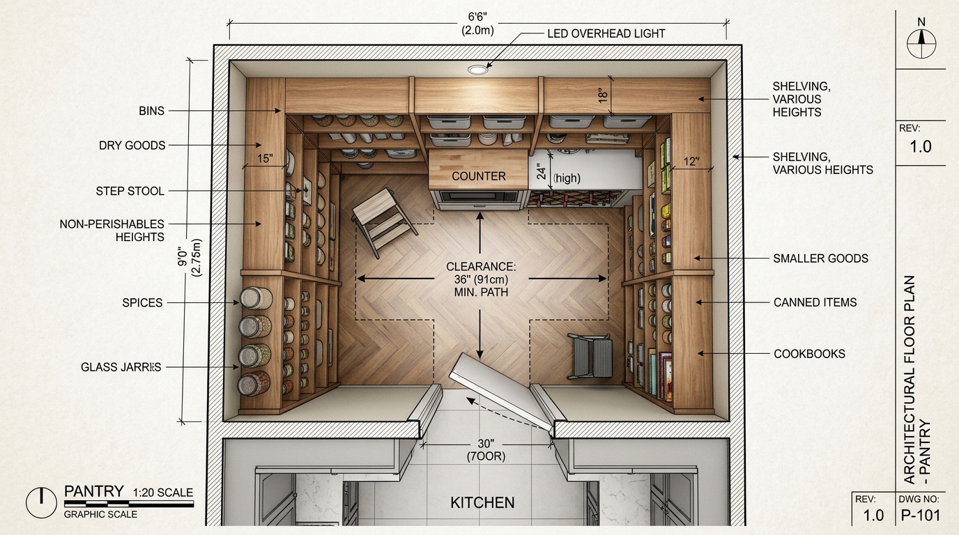 Overhead view of a pantry floor plan highlighting the 30-inch clearance and rhythmic shelf spacing.