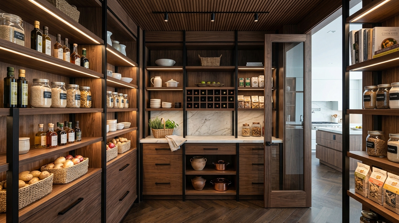 Modern pantry featuring dark walnut shelving and integrated LED strips casting soft shadows on plaster walls.