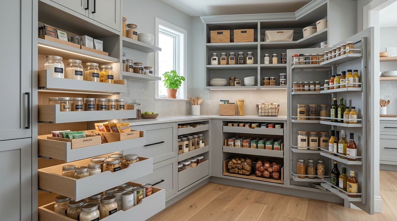 Small pantry organization ideas layout showing a corner carousel and slim pull-out spice racks.