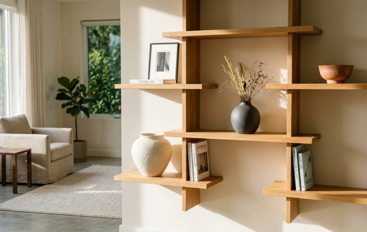 Product Of The Week Omba Bookshelf in a sun-drenched living room, showing staggered white oak shelves against a Benjamin Moore Swiss Coffee wall with 2700K ambient lighting.