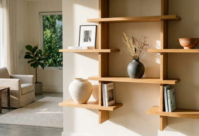 Product Of The Week Omba Bookshelf in a sun-drenched living room, showing staggered white oak shelves against a Benjamin Moore Swiss Coffee wall with 2700K ambient lighting.
