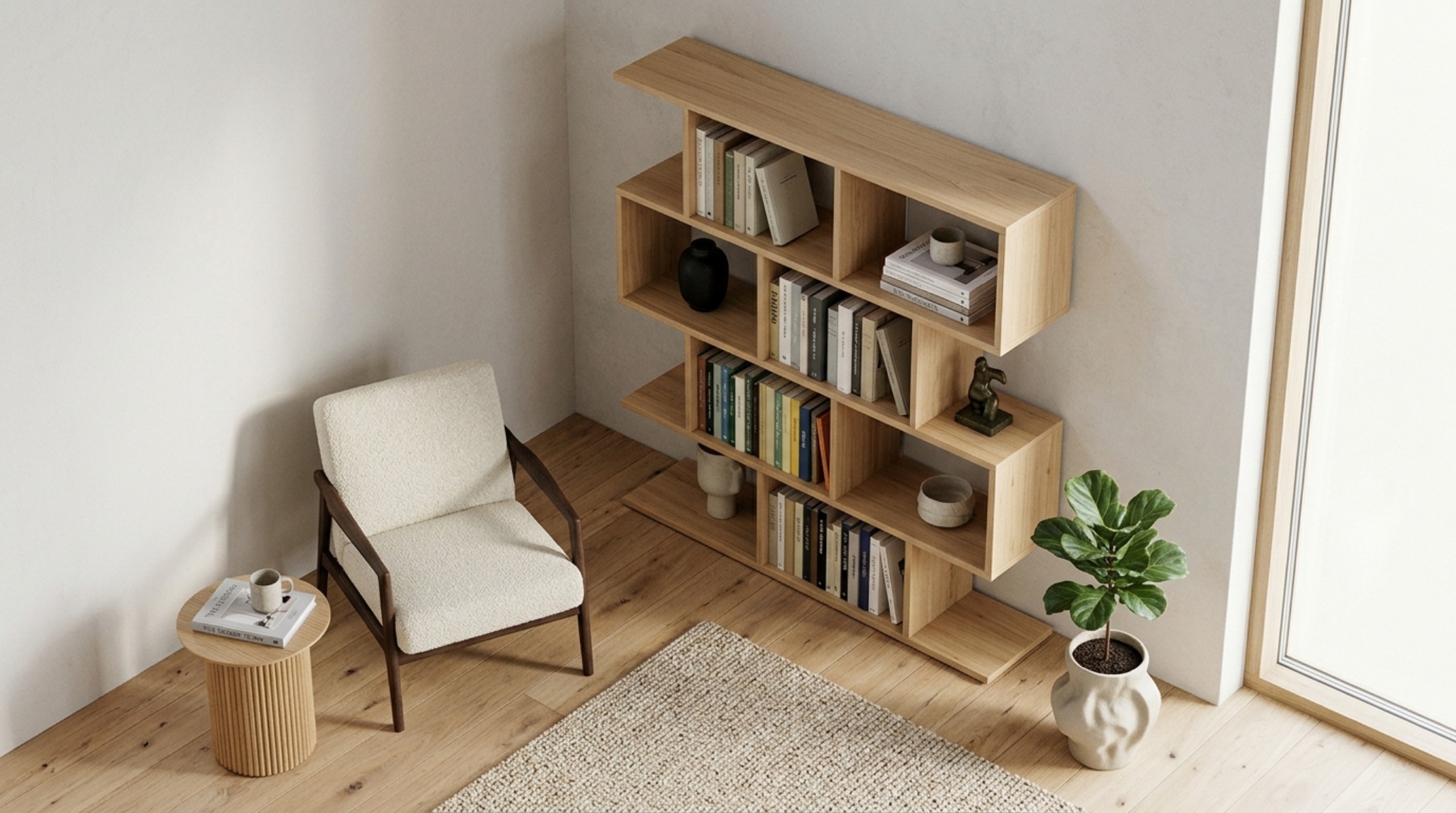 Curated inspiration gallery image of living room floating shelves ideas showcasing a balanced mix of negative space, organic wood grains, and architectural lighting.