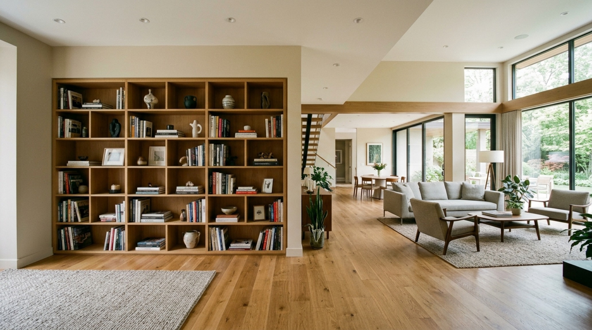 Architectural wide shot illustrating living room floating shelves ideas layout with a 36-inch primary walkway and perfectly aligned sightlines for a serene home sanctuary.