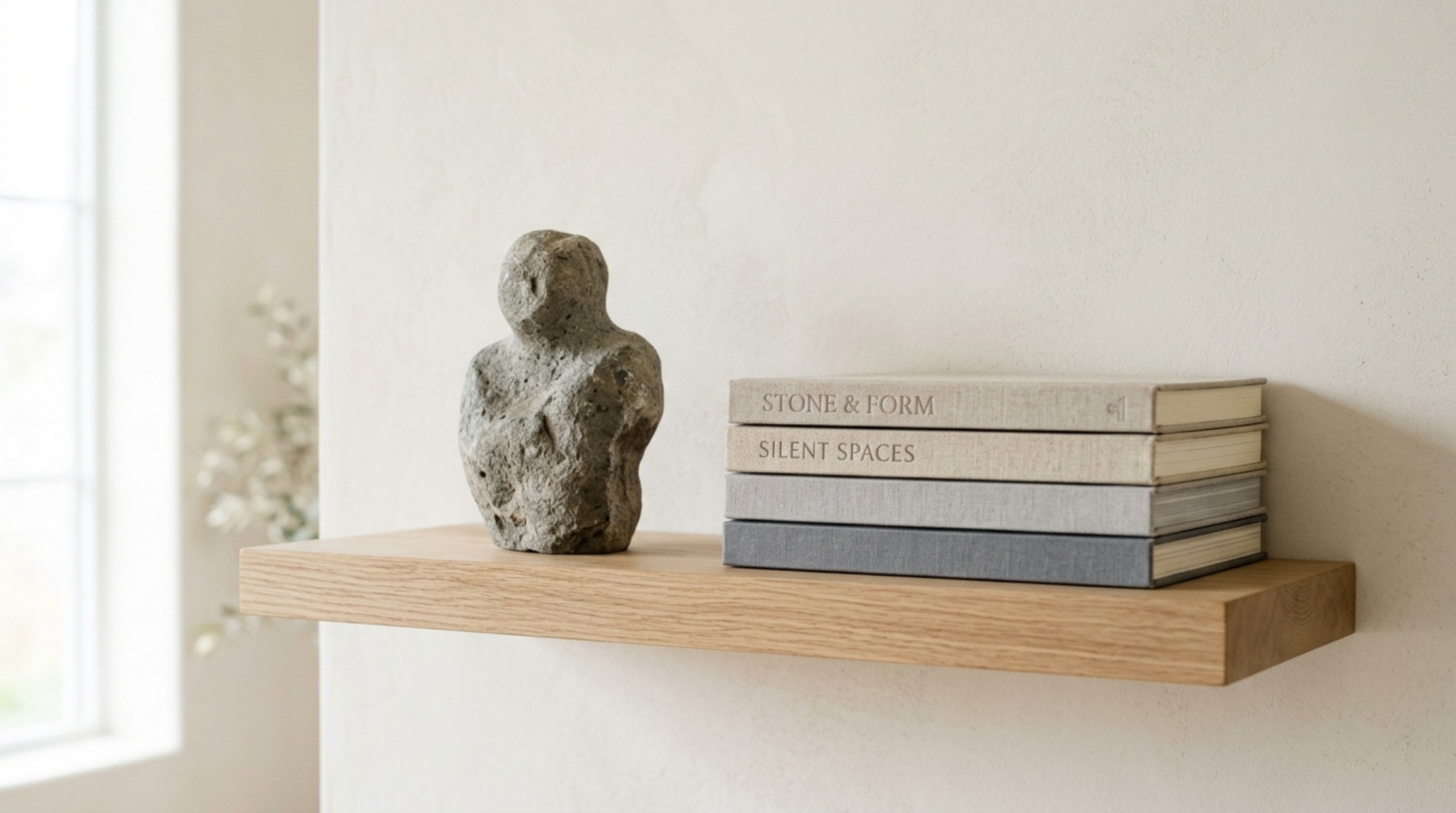 Luxury living room floating shelves ideas featuring the Omba staggered design, styled with minimalist objects and raw stone, reflecting a monastic minimalist aesthetic.