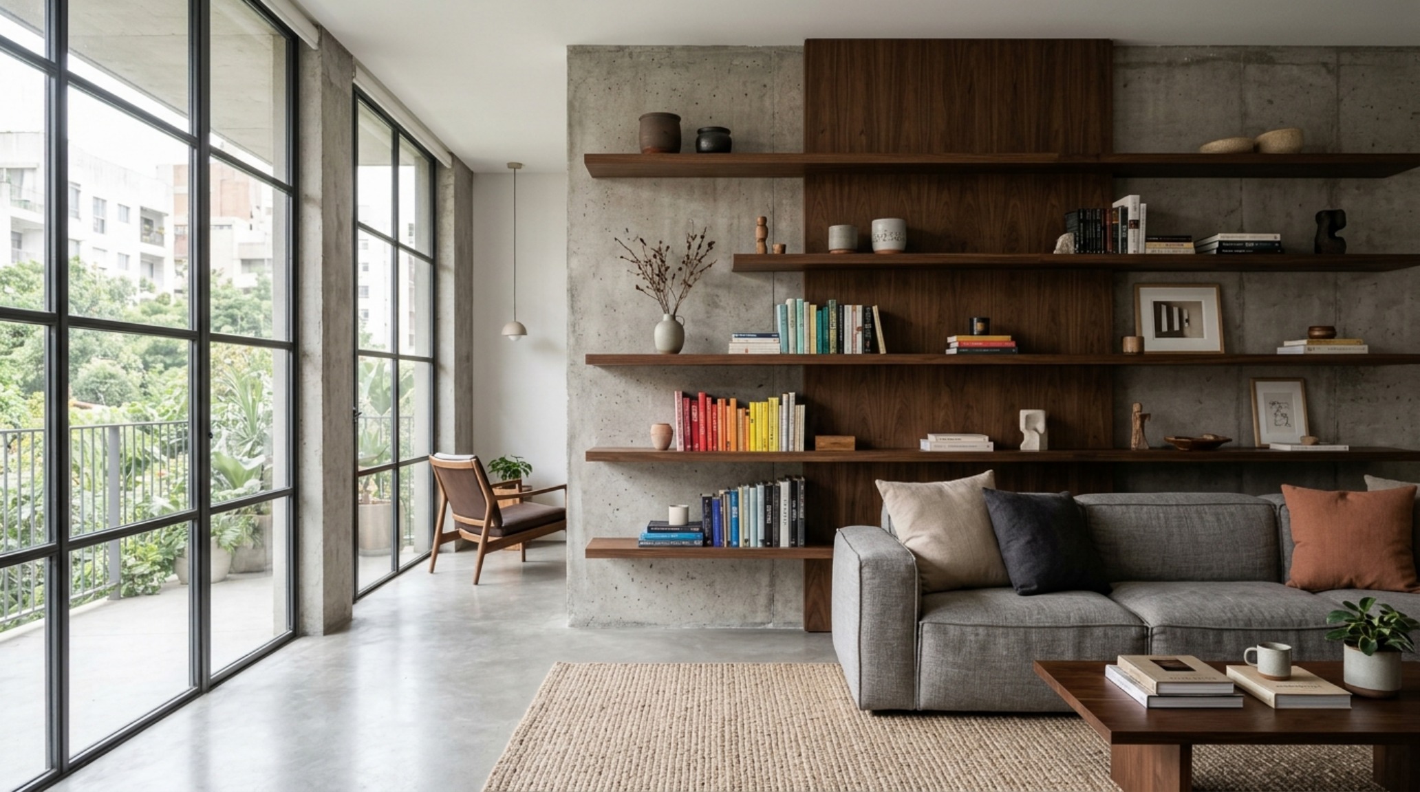 Modern living room floating shelves ideas architecture featuring dark walnut planks and concealed mounting, integrated into a limewash wall for a seamless, floating effect.