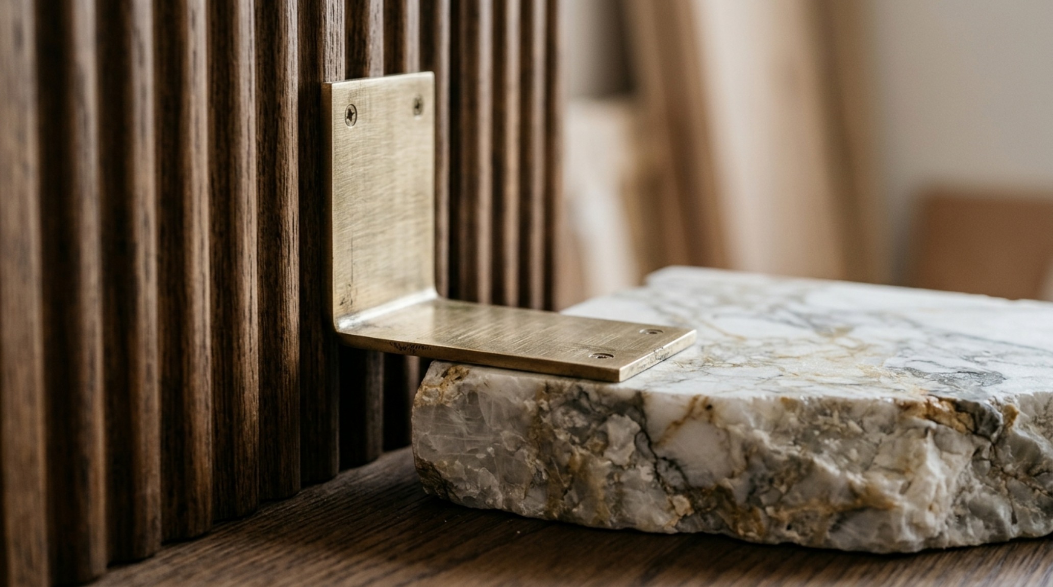 High-end living room floating shelves ideas textures including brushed brass accents and porous volcanic clay vessels on a smooth lacquered surface.