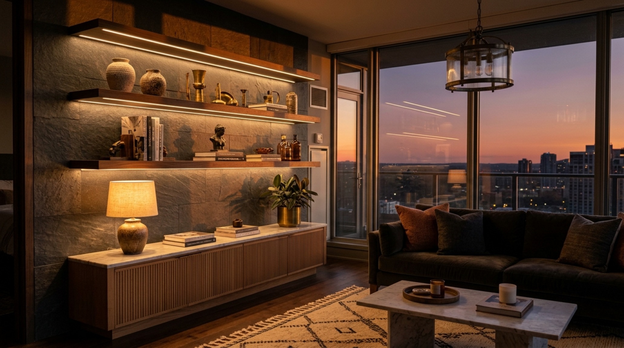 Evening perspective of living room floating shelves ideas with warm 2700K Kelvin glow, highlighting the architectural depth and staggered geometry of the Omba unit.