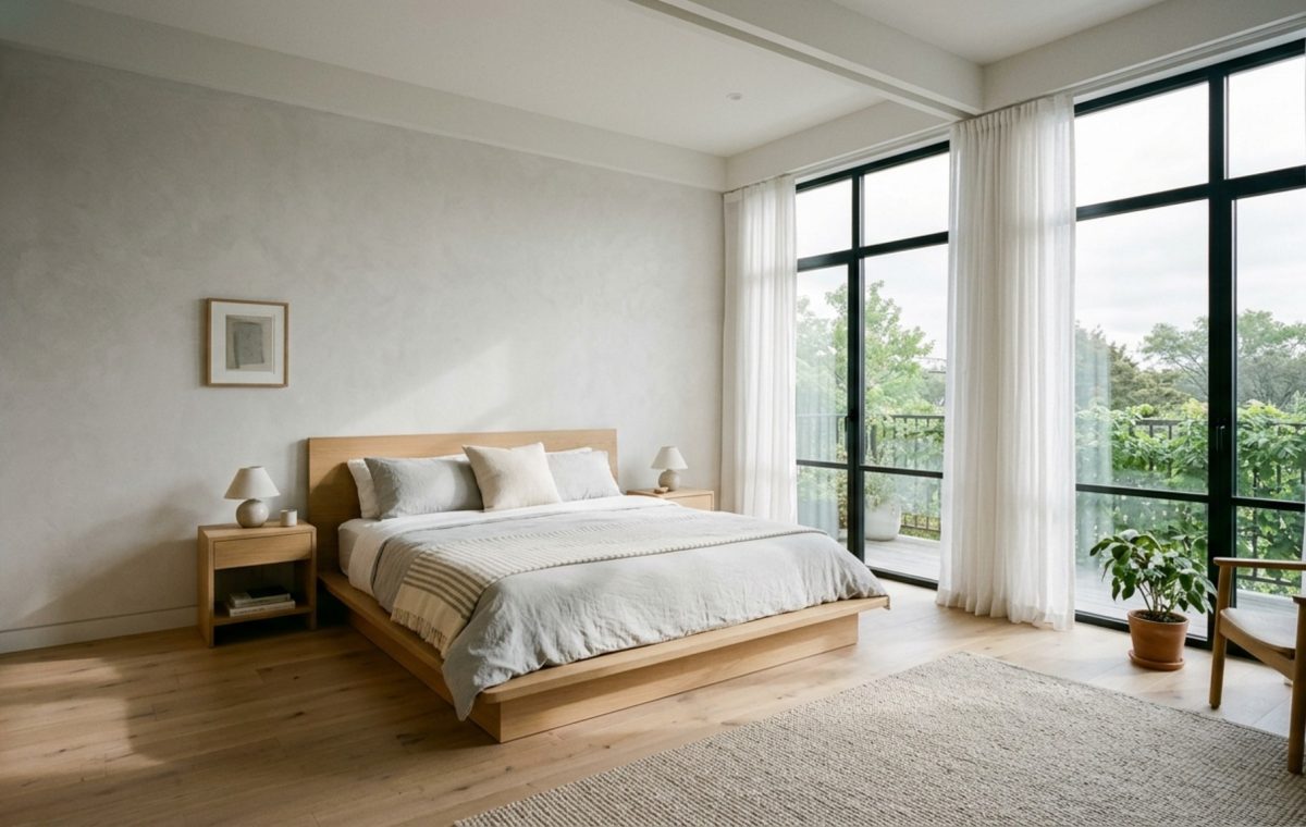 modern scandinavian design bed ideas featuring a low-profile white oak platform frame in a bright, sunlit room with 35mm architectural lens perspective.