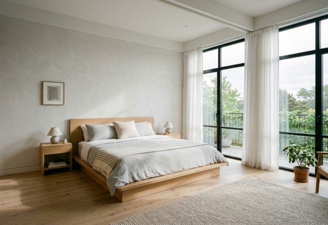 modern scandinavian design bed ideas featuring a low-profile white oak platform frame in a bright, sunlit room with 35mm architectural lens perspective.