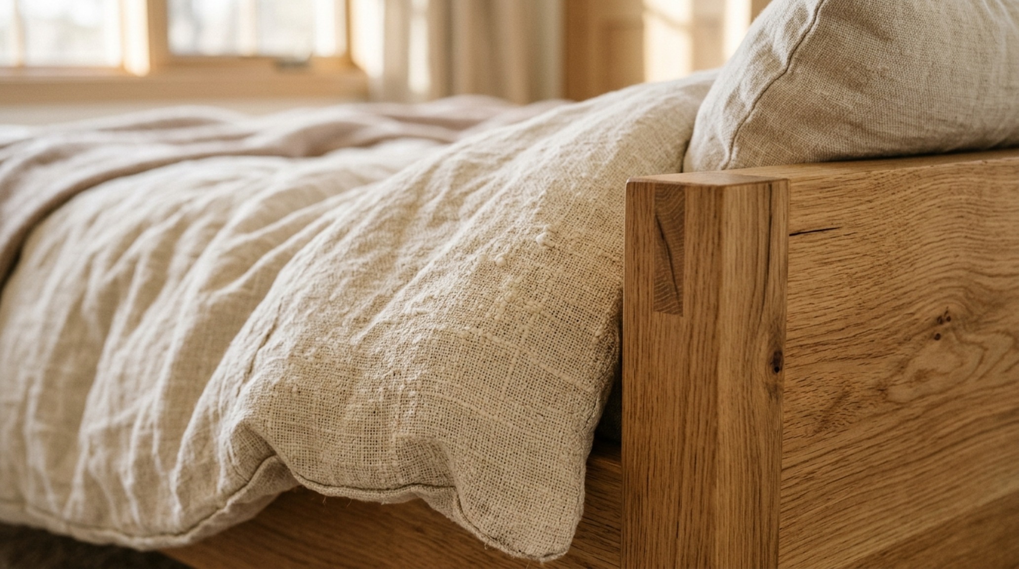 luxury scandinavian design bed textures showcasing a close-up of heavy-weight Belgian linen duvet covers against a solid smoked ash headboard. luxury scandinavian design bed textures showcasing a close-up of heavy-weight Belgian linen duvet covers against a solid smoked ash headboard.