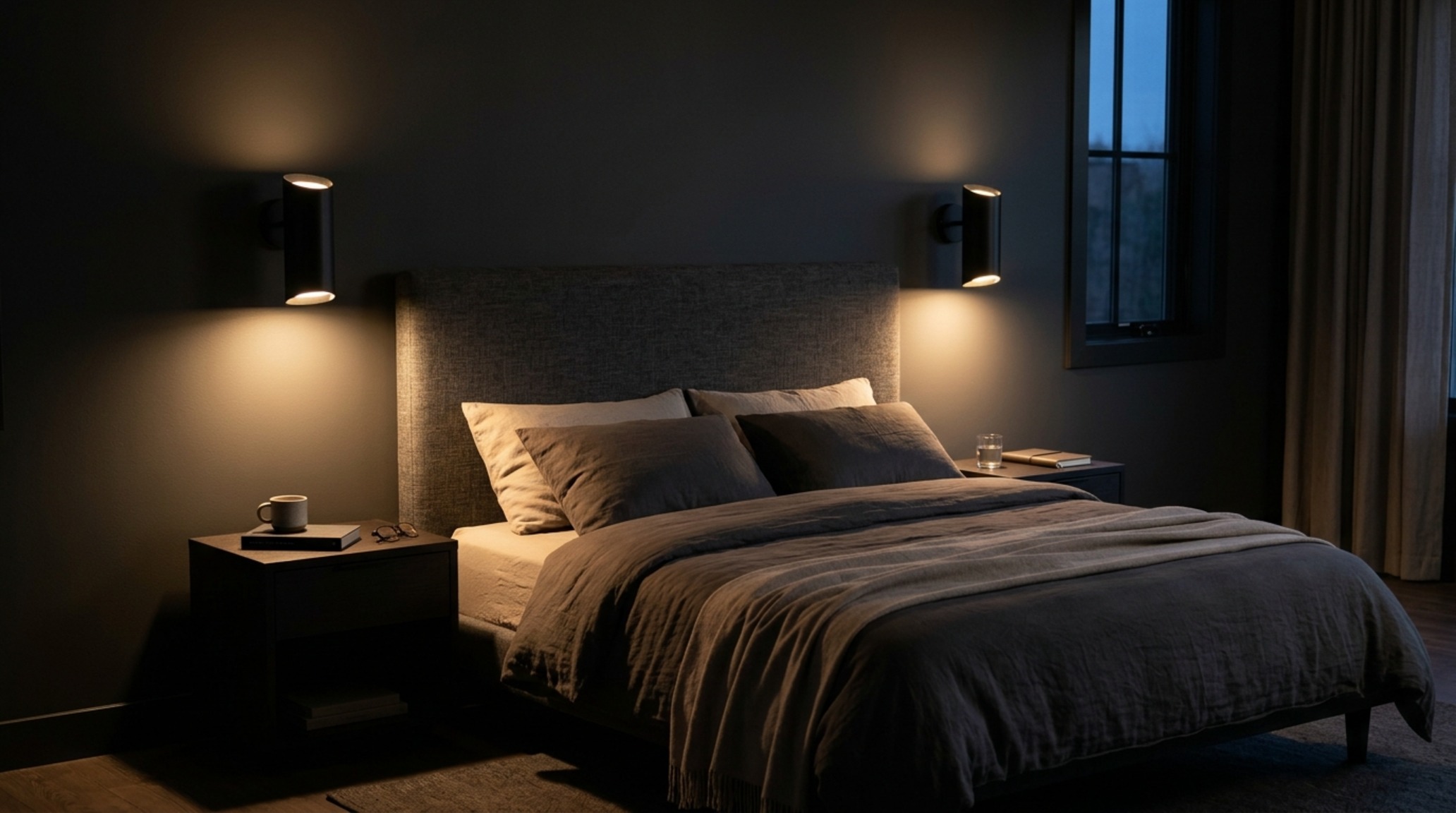 scandinavian design bed lighting guide demonstrating 2700K warm glow from matte black swing-arm sconces mounted above a minimalist bed. scandinavian design bed lighting guide demonstrating 2700K warm glow from matte black swing-arm sconces mounted above a minimalist bed.