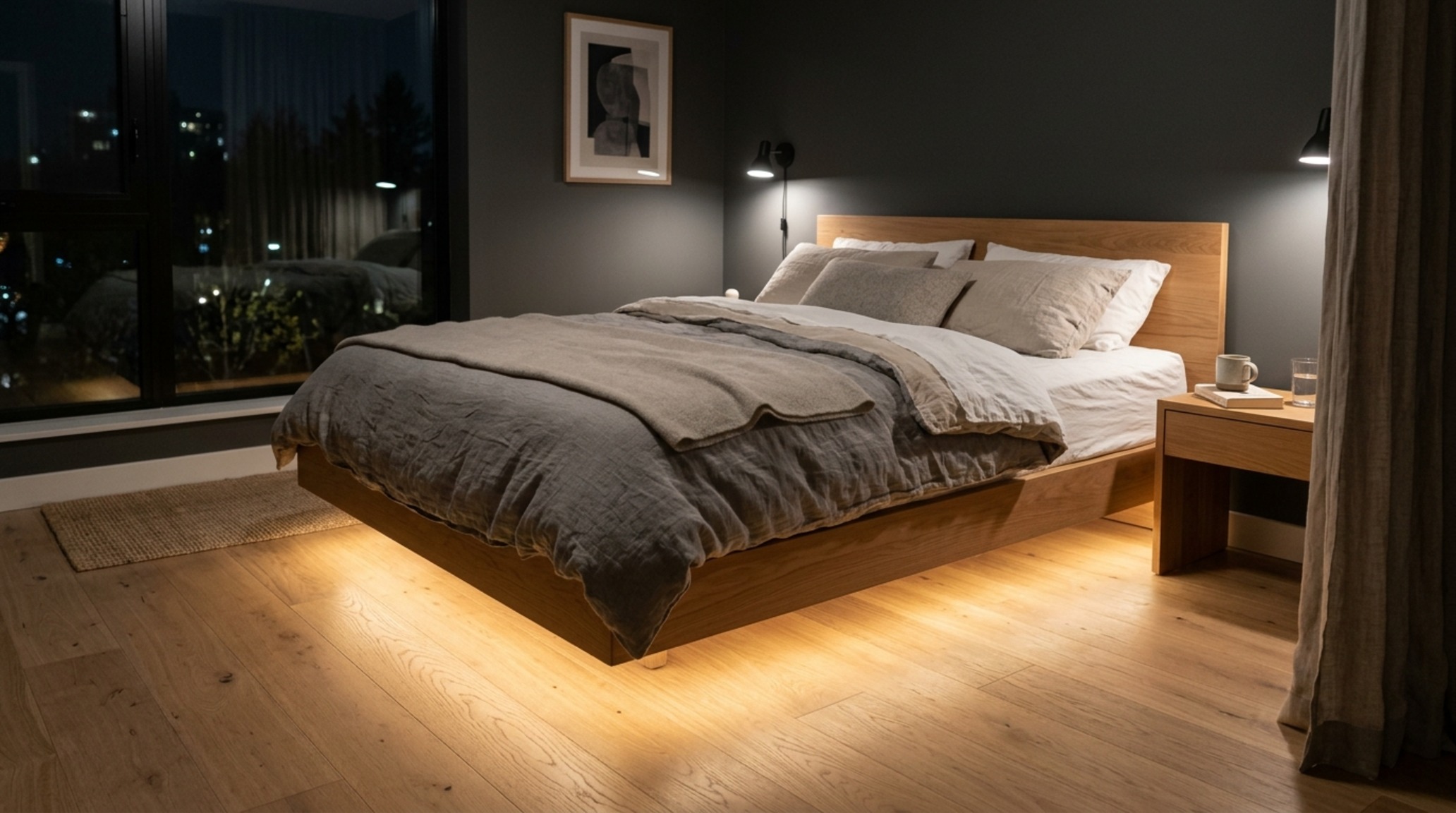 scandinavian design bed lighting guide illustrating indirect LED strip lighting recessed behind a fluted wood headboard for a soft wash effect. scandinavian design bed lighting guide illustrating indirect LED strip lighting recessed behind a fluted wood headboard for a soft wash effect.