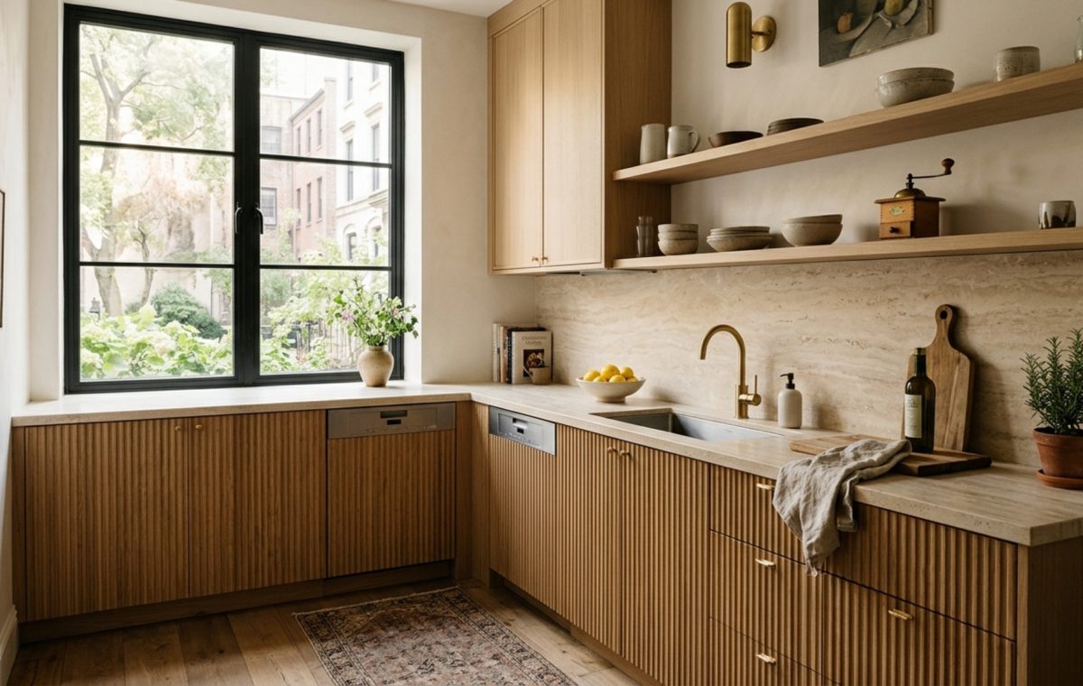 small space small kitchen layouts featuring fluted white oak cabinetry and honed travertine countertops under natural morning light