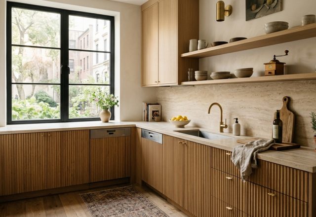 small space small kitchen layouts featuring fluted white oak cabinetry and honed travertine countertops under natural morning light