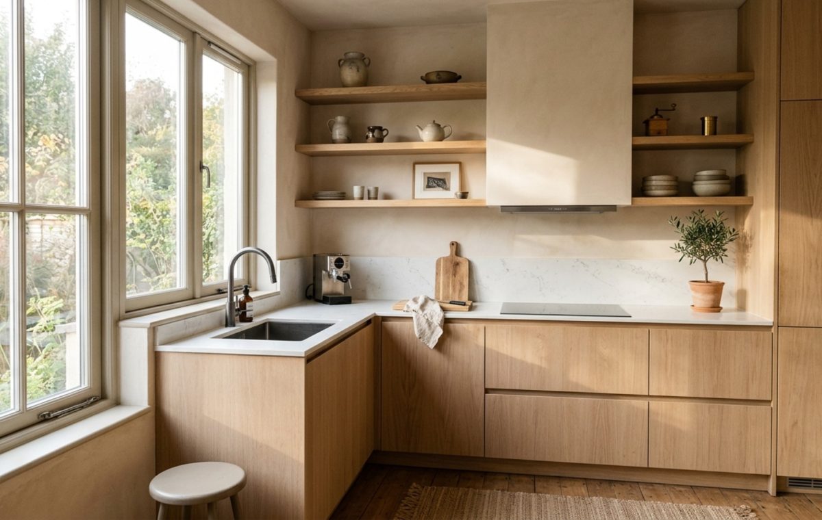 modern small l shaped kitchen design ideas featuring floating white oak shelves and integrated panel-ready appliances for a seamless minimalist look.