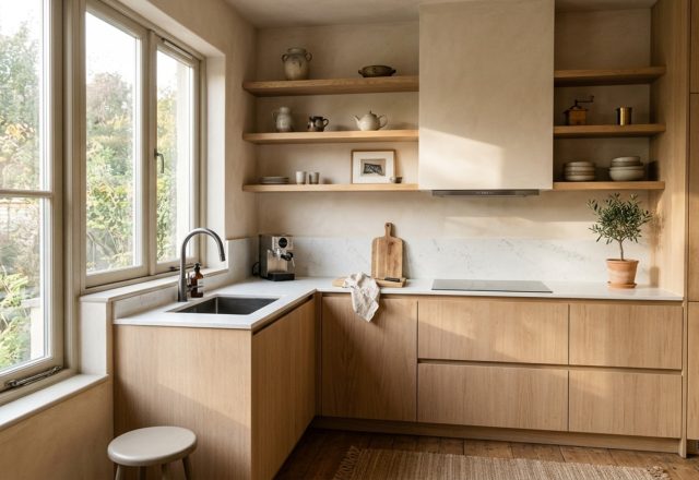 modern small l shaped kitchen design ideas featuring floating white oak shelves and integrated panel-ready appliances for a seamless minimalist look.