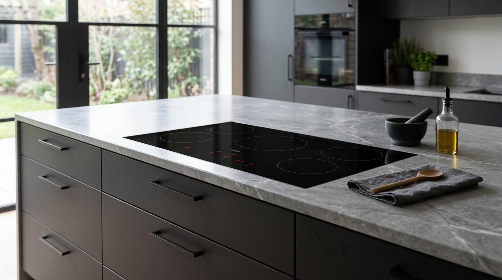 modern small kitchen layouts ideas with an induction cooktop integrated into a seamless matte stone worktop