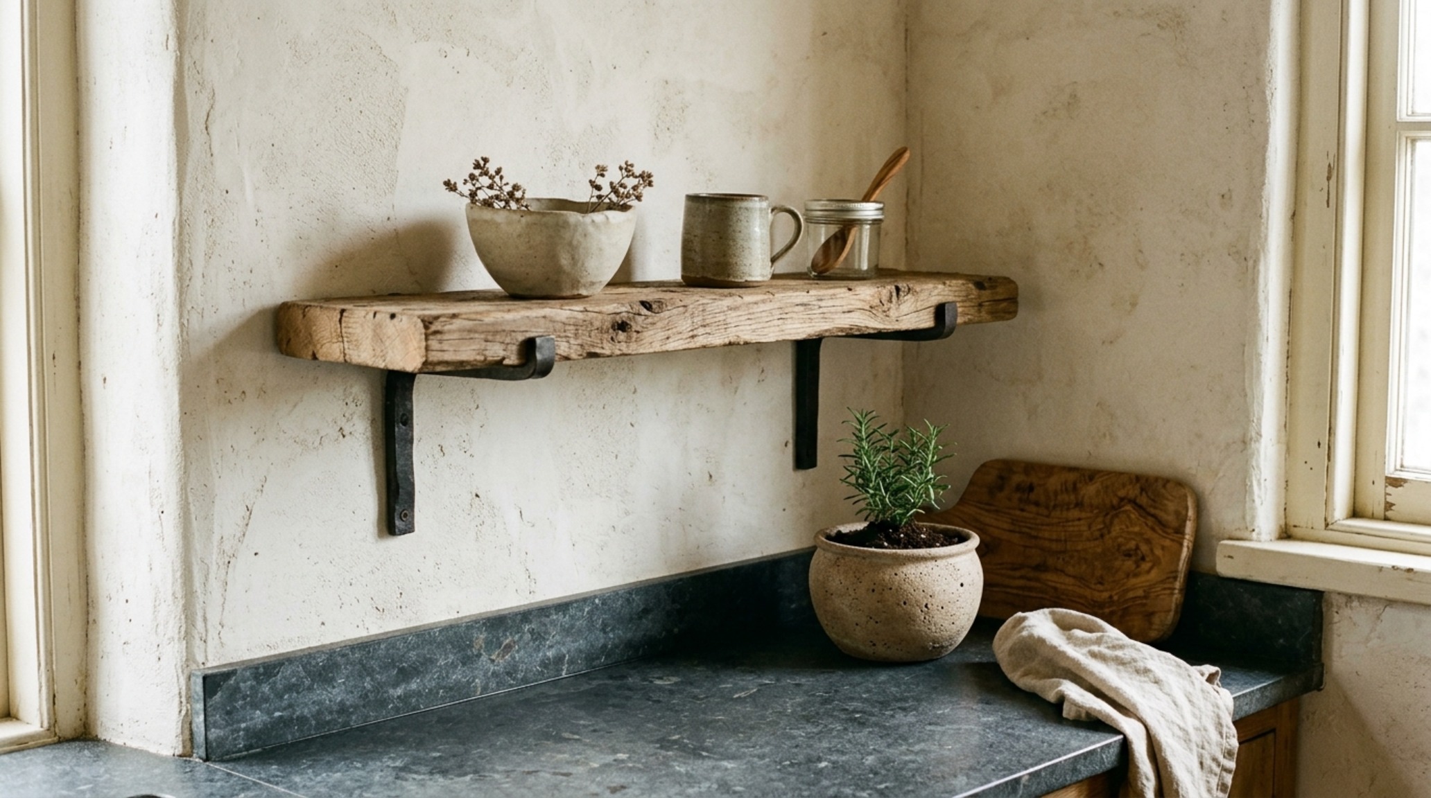 luxury small kitchen layouts textures of reclaimed wood beams and porous stone floors in a curated sanctuary kitchen