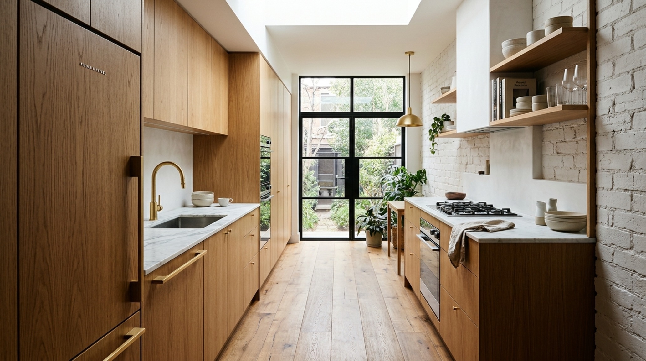 modern small kitchen layouts ideas showcasing a narrow galley configuration with integrated panel-ready appliances and 36-inch walkways
