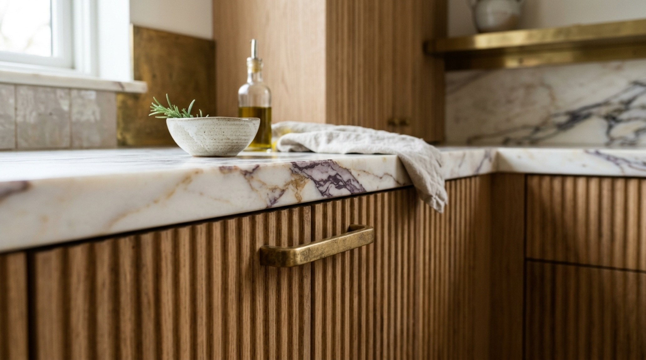 luxury small l shaped kitchen design textures showcasing a honed Calacatta Viola marble backsplash paired with brass hardware and tactile wood grain.