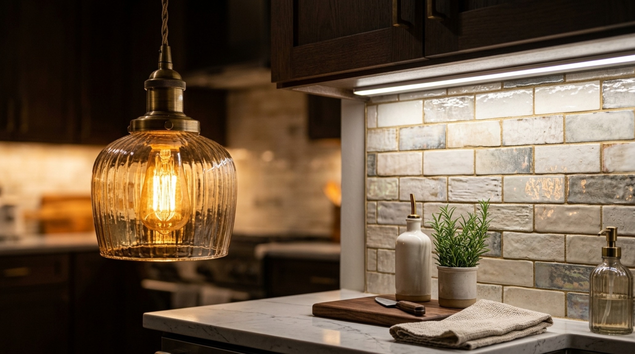 small kitchen layouts lighting guide illustrating 2700K warm ambient pendants and 3000K under-cabinet task lighting for atmospheric depth