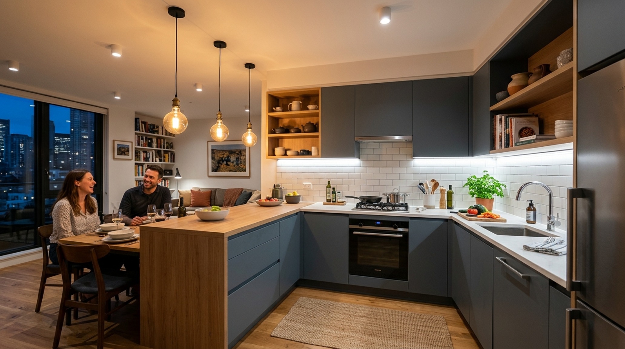 small l shaped kitchen design lighting guide illustrating the use of 2700K warm ambient pendants and 3000K under-cabinet task lighting for depth.