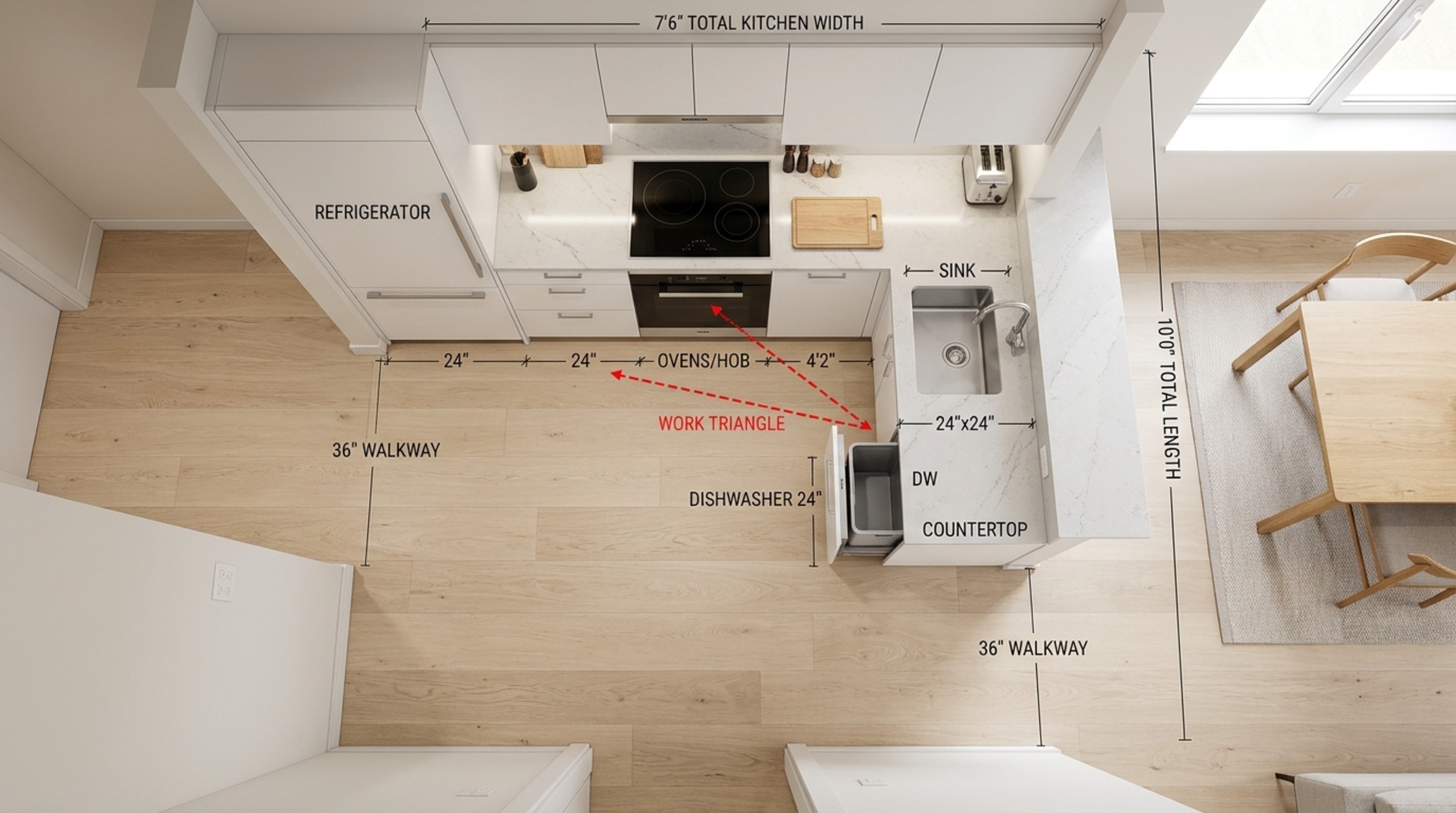 small space small l shaped kitchen design utilizing a blind corner pull-out system and floor-to-ceiling cabinetry to maximize vertical storage.